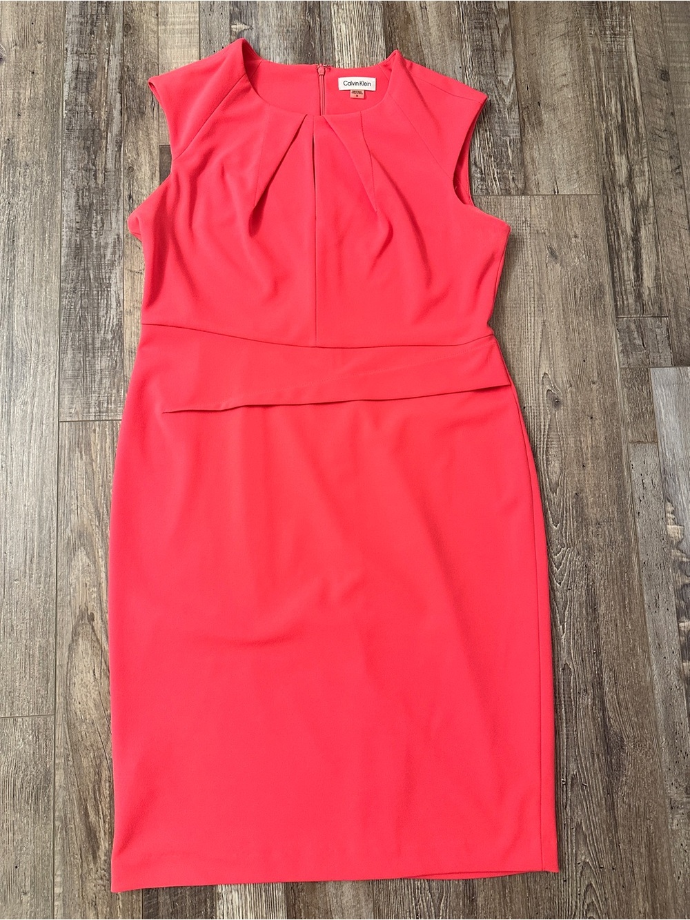 Calvin Klein Coral Sheath Dress - Sleeveless Pleated Neck Size 14